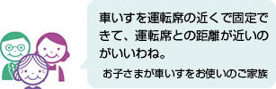 車いすを運転席の近くで固定できて、運転席との距離が近いのがいいわね。 お子さまが車いすをお使いのご家族