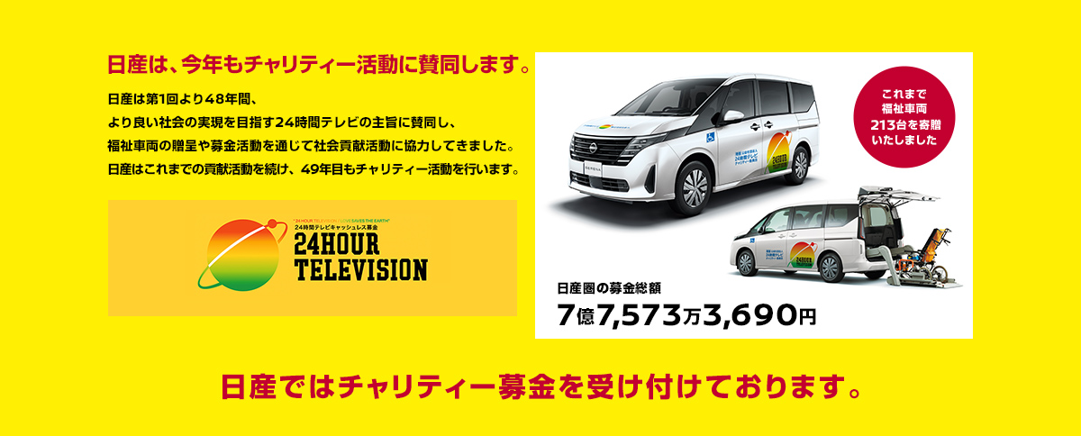 日産は、今年もチャリティー活動に賛同します。 日産は第1回より48年間、より良い社会の実現を目指す24時間テレビの主旨に賛同し、福祉車両の贈呈や募金活動を通じて社会貢献活動に協力してきました。日産はこれまでの貢献活動を続け、49年目もチャリティー活動を行います。 日産ではチャリティー募金を受け付けております。