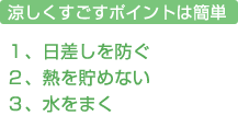 涼しくすごすポイントは簡単 1.日差しを防ぐ 2.熱を貯めない 3.水をまく 涼しくすごすポイントは簡単 1.日差しを防ぐ 2.熱を貯めない 3.水をまく