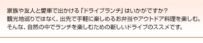 家族や友人と愛車で出かける「ドライブランチ」はいかがですか？
									観光地巡りではなく、出先で手軽に楽しめるお弁当やアウトドア料理を楽しむ。
									そんな、自然の中でランチを楽しむための新しいドライブのススメです。