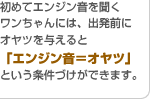 初めてエンジン音を聞くワンちゃんには、出発前にオヤツを与えると「エンジン音＝オヤツ」という条件づけができます。
