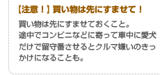 【注意！】買い物は先にすませて！ 買い物は先にすませておくこと。途中でコンビニなどに寄って車中に愛犬だけで留守番させるとクルマ嫌いのきっかけになることも。