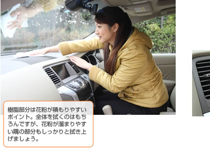 樹脂部分は花粉が積もりやすいポイント。全体を拭くのはもちろんですが、花粉が溜まりやすい隅の部分もしっかりと拭き上げましょう。