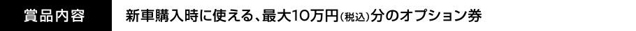 賞品内容：新車購入時に使える、最大10万円（税込）分のオプション券