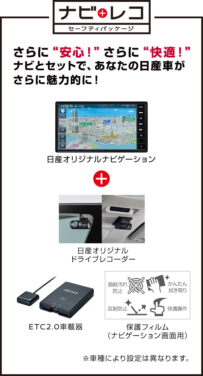 ナビレコ セーフティパッケージ さらに安心！さらに快適！日産純正アイテムをナビとセットで、あなたの日産車がさらに魅力的に！