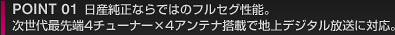POINT 01  日産純正ならではのフルセグ性能。 次世代最先端4チューナー×4アンテナ搭載で地上デジタル放送に対応。