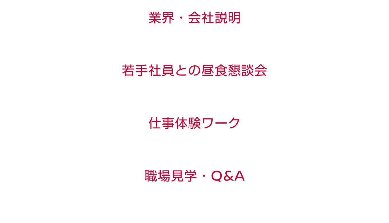 オリエンテーション→業界・会社説明→若手社員との昼食懇談会→パーツアドバイザーの仕事紹介→仕事体験ワーク→職場見学→Q&Aセッション→※会場によって実施内容は一部異なる場合がございます。