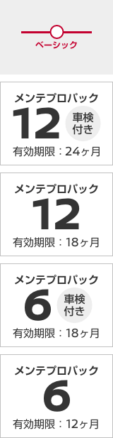 メンテプロパック12(車検付き) 有効期限：24ヶ月／メンテプロパック12 有効期限：18ヶ月／メンテプロパック6(車検付き) 有効期限：18ヶ月／メンテプロパック6 有効期限：12ヶ月