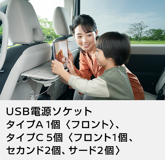 USB電源ソケット タイプA 1個〈フロント〉、タイプC 5個〈フロント1個 、セカンド2個、サード2個〉