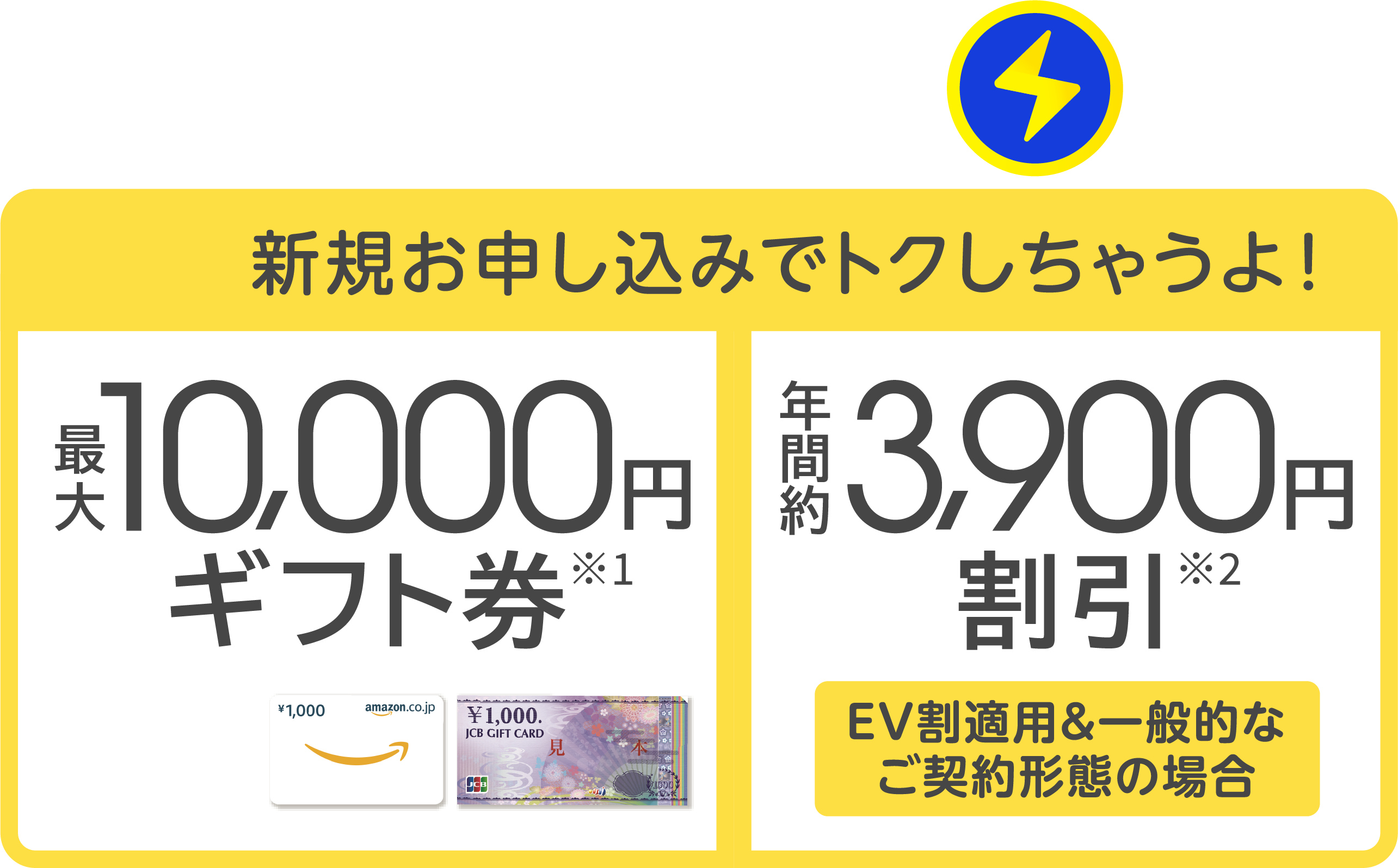新規お申し込みでトクしちゃうよ！最大10,000円ギフト券、年間約3,900円割引