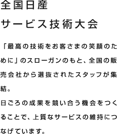 全国日産サービス技術大会 「最高の技術をお客さまの笑顔のために」の スローガンのもと、全国の販売会社から 選抜されたスタッフが集結。日ごろの成果を競い合う機会をつくることで、上質なサービスの維持につなげています。