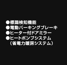 標識検知機能（進入禁止）、電動パーキングブレーキ、ヒーター付ドアミラー、ヒートポンプシステム（省電力暖房システム）
